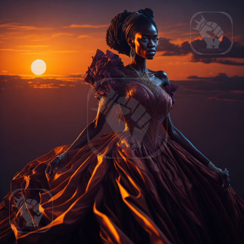 Artwork featuring a flowing dress in the sunset, capturing elegance and movement.