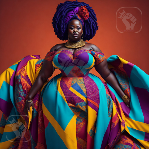 Body positivity artwork featuring a confident, curvaceous figure surrounded by vibrant colors, available in canvas, poster, and print formats.